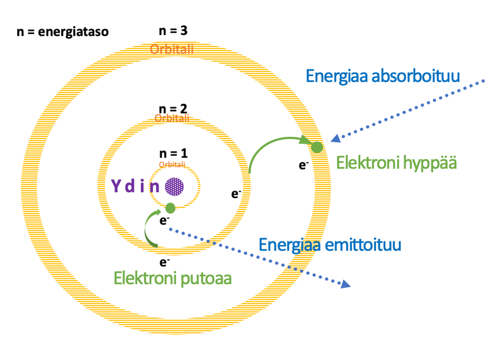Bohrin malli, joka osoittaa elektronin hyppäävän korkeammalle energiatasolle ja absorboi energiaa ja putoavan alemmalle energiatasolle ja emittoi energiaa.