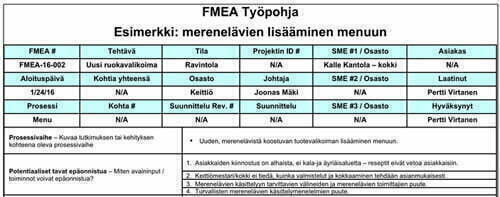 Esimerkki FMEA-työpohjasta.