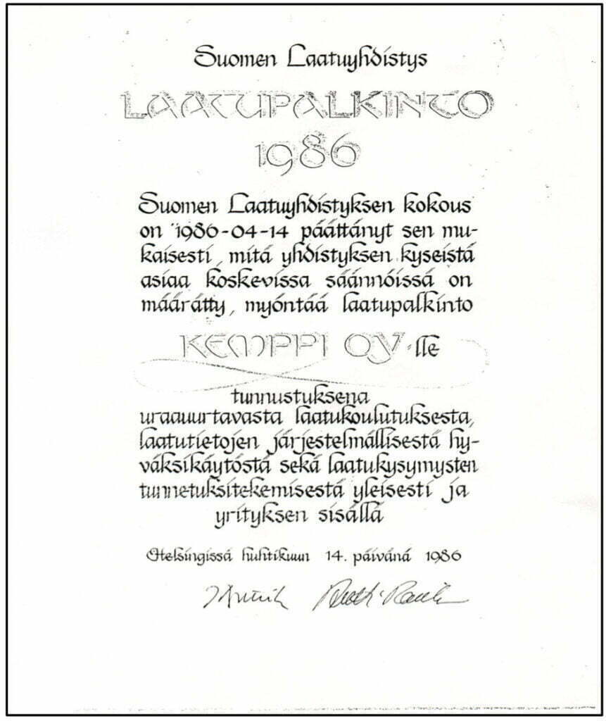 Suomen LAATUPALKINTO 1986 Kemppi Oy