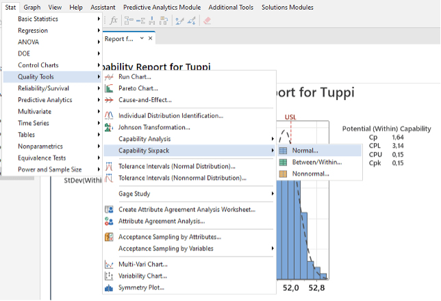 Minitab 21 ja Capability Sixpack analyysin paikka valikoissa Stat > Quality Tools > Capability Sixpack > Normal