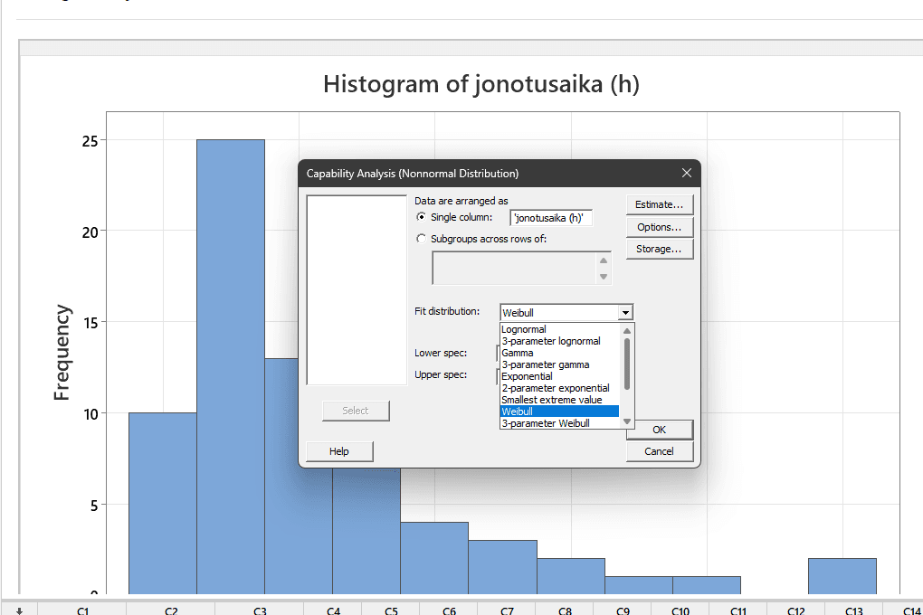 Minitab: Ei-normaalin jakauman valitseminen.