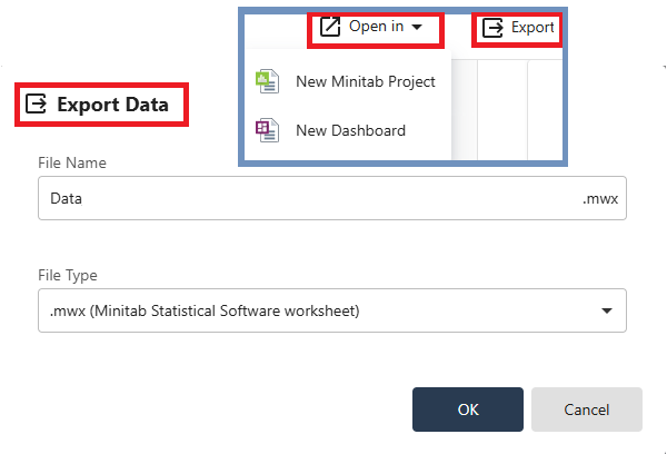 Datan vieminen (Export) Minitab worksheetiksi tai Data Center Projektiksi. 